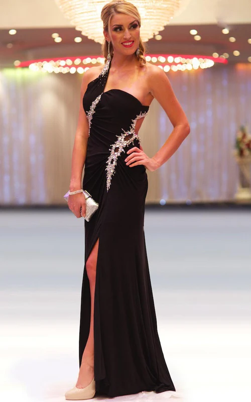Langes, ärmelloses Chiffon-Abendkleid mit asymmetrischem Träger, Perlenbesatz und Schlitz vorne