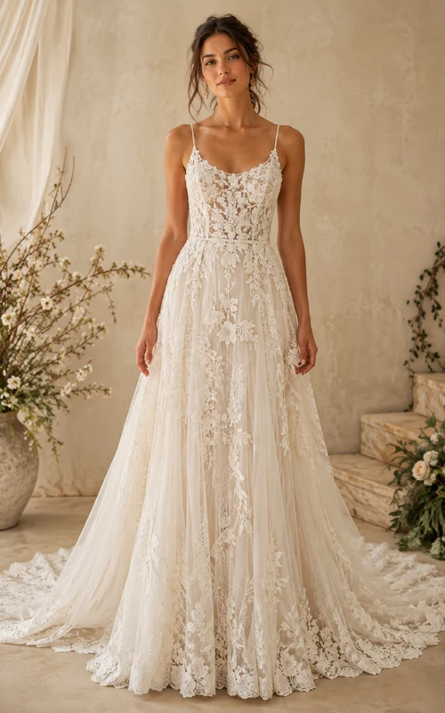 Robe de mariée bohème trapèze sans manches à col rond, en tulle et dentelle appliqués, longueur au sol, traîne chapelle, couleur ivoire.