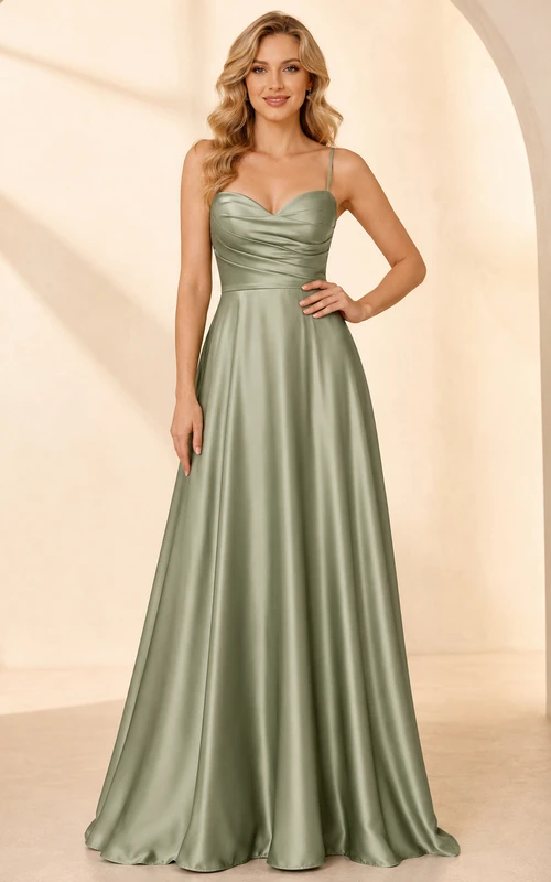 Celadon Spaghetti Sweetheart Low-V Pleated Satin Romantic Bridesmaid Gown Reception