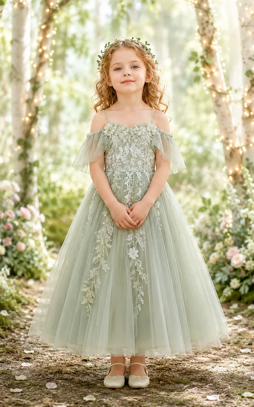 Vestido de niña de las flores color verde salvia, encaje y tul, corte en A, escote redondo, largo midi, apliques florales.