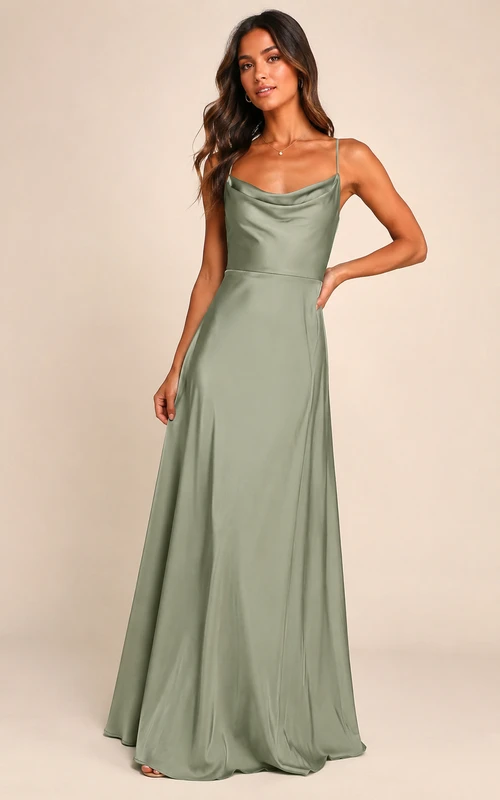 Vestido tubo de charmeuse con cuello drapeado color salvia