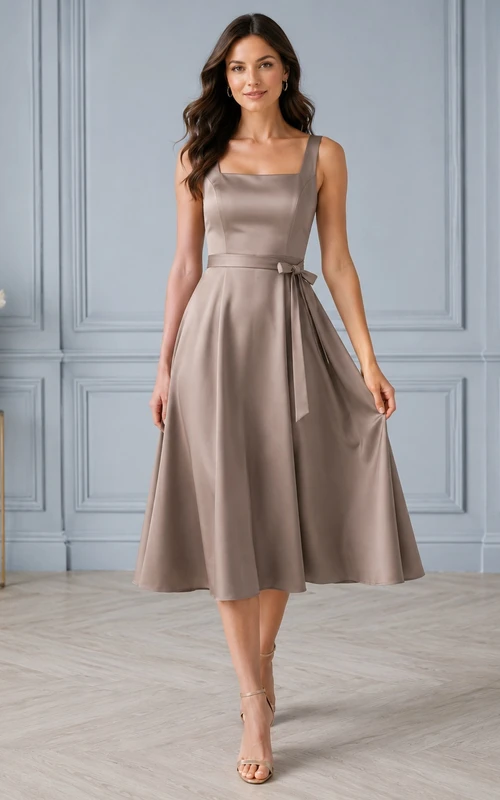 Vestido de cóctel moderno de satén color topo, sin mangas, con escote cuadrado y corte en A, largo hasta la rodilla.