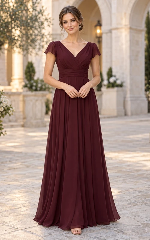 Robe de bal longue en mousseline bordeaux sobre, col en V, manches papillon froncées, robe de bal modeste en mousseline.