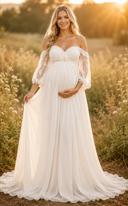 Maternity Wedding Dress Off Shoulder A-Line Tulle Gown with Lace Bodice and Sweep Train