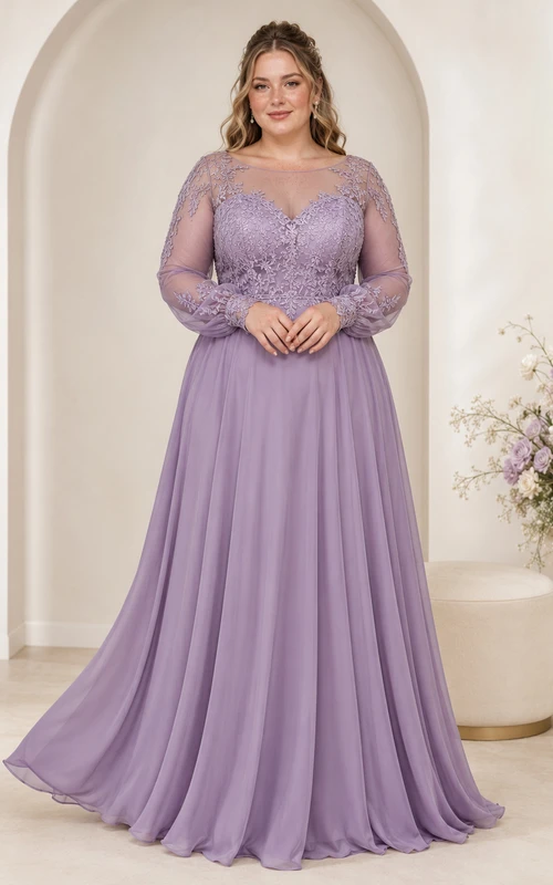 Lavender Plus Size Long Sleeve Lace Chiffon Wedding Dress