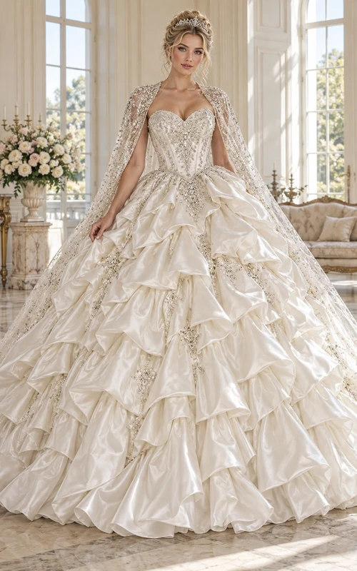 Vestido de novia palabra de honor con escote corazón, capa de cristal y cola de satén en cascada.