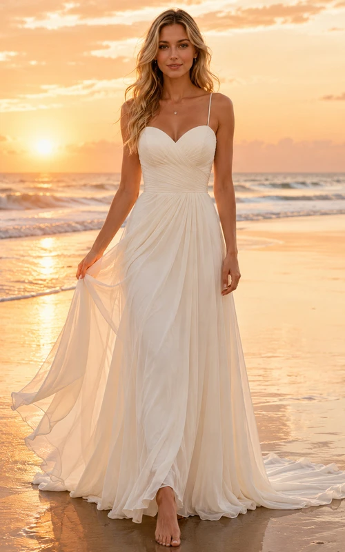 Beach Chiffon Tulle Wedding Dress A-Line Off Shoulder Sweep Train with Slit Bridal Gown
