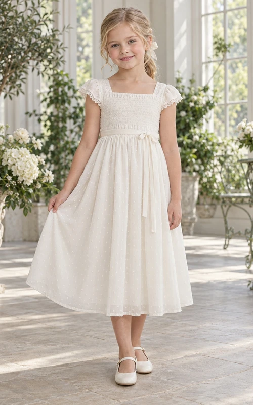 Tea-length Square Neck Country Ivory A-line Smocked Lace-trimmed Gathered Flower Girl Dress