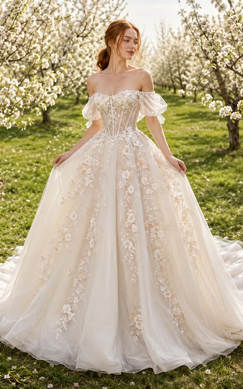 Brautkleid mit floralem Korsett, schulterfrei, aus Tüll, Frühlings-Orchard