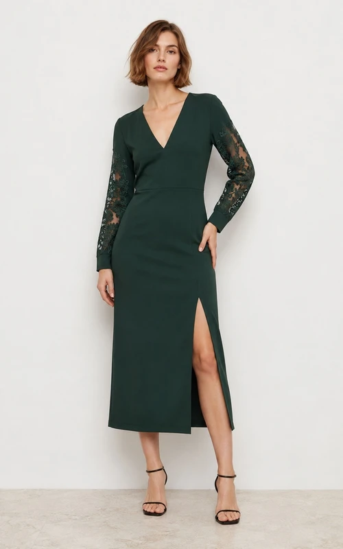 Vestido formal de manga larga con escote en V y abertura, color verde oscuro, de punto.