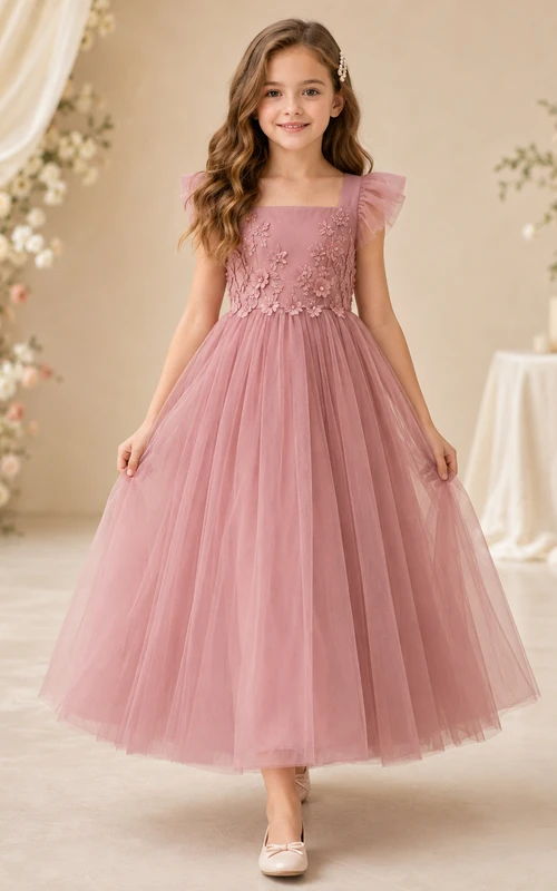Bodenlanges Tüllkleid mit Spitzenoberteil, A-Linien-Schnitt, kurzen Ärmeln, Rundhalsausschnitt und bodenlangem Rock für Blumenmädchen.