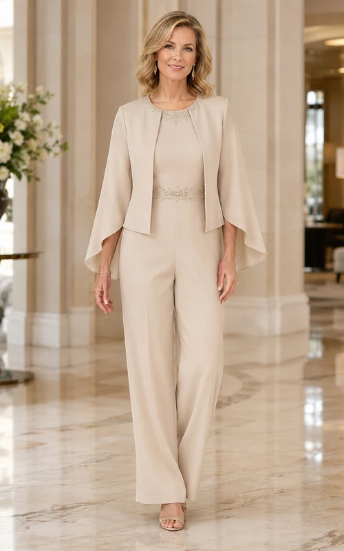 Ivory Mother Pantsuit with Cape Sleeve Jacket, Jewel Neckline and Wide Leg Pants