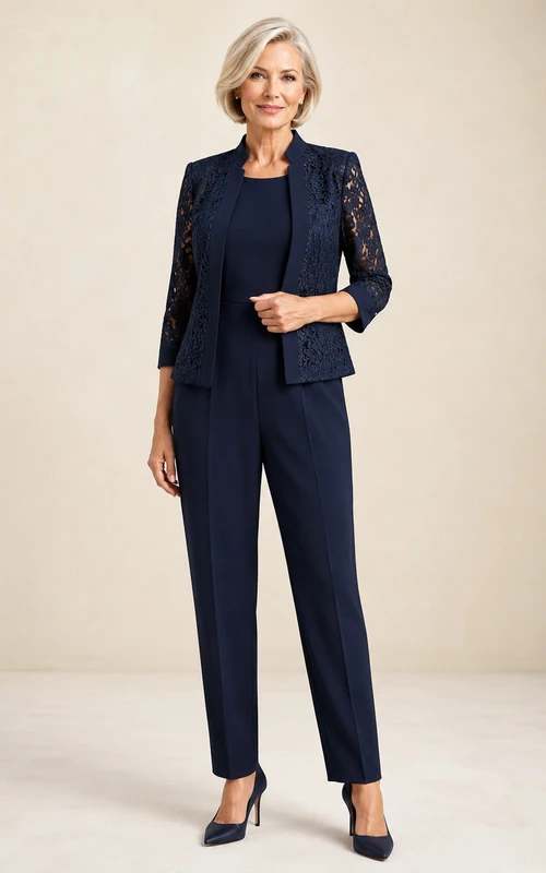 Traje de pantalón azul marino oscuro de encaje con chaqueta de cuello joya y mangas de encaje y pantalones ajustados al tobillo.
