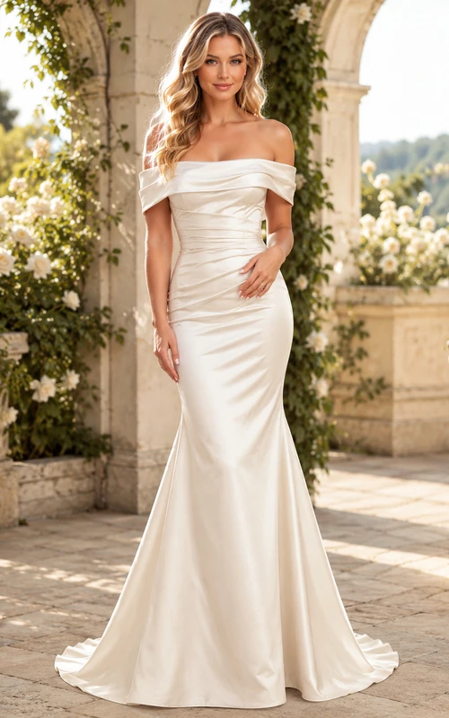 Robe de mariée sirène en satin froncé, épaules dénudées, décolleté cœur, traîne balayée, style romantique et simple
