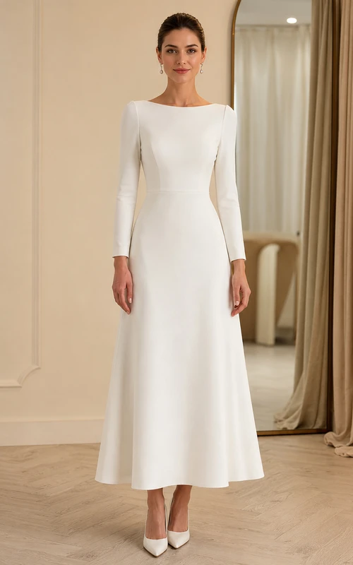 Simple Civil Satin A Line Bateau Long Sleeve Tea Length Wedding Dress