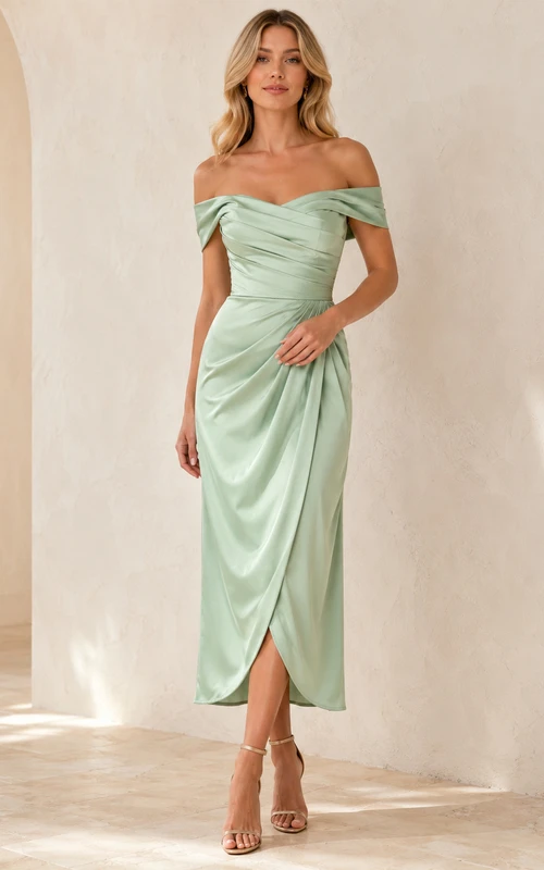 Mint Green Off Shoulder Draped Satin Midi Sheath Cocktail Dress