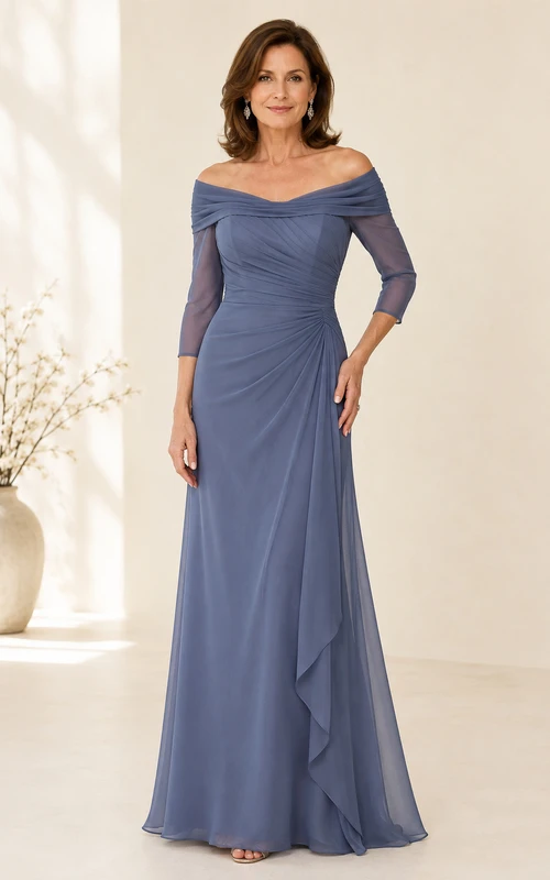 Schieferblaues schulterfreies Chiffon-A-Linien-Kleid für Mütter