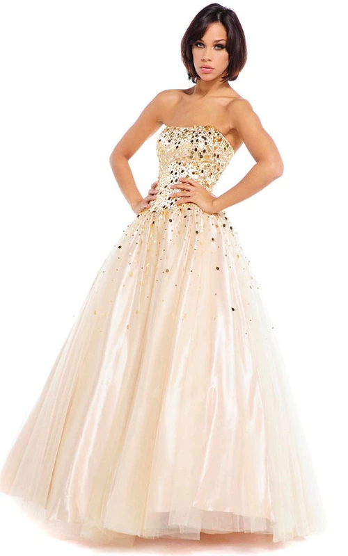 Robe de bal longue sans manches, coupe trapèze, en satin perlé, avec laçage au dos et nœud.
