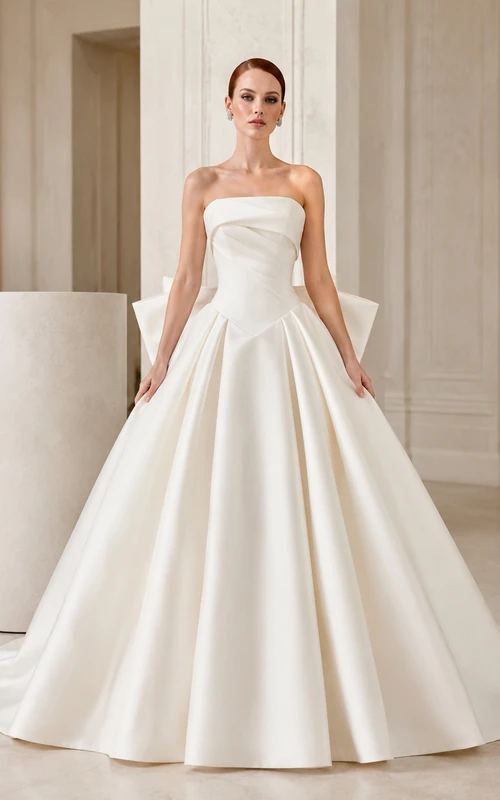 Robe de bal bustier sans manches en satin pur, ornée d'un nœud et d'une traîne chapelle. Robe de mariée style vintage.
