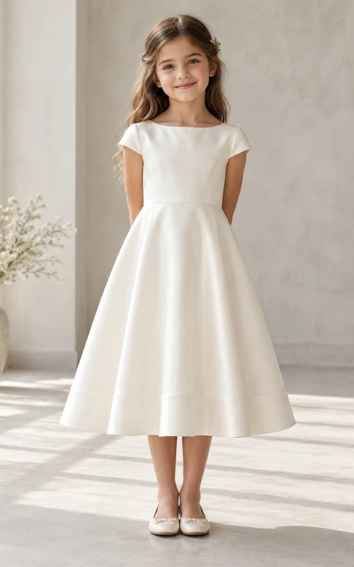 Robe de demoiselle d'honneur simple ivoire, longueur thé, manches bateau arrondies, corsage galbé en satin, taille cintrée, ourlet profond évasé, fermeture éclair au dos