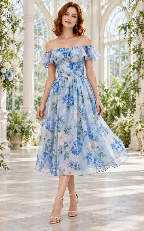 Sky Blue Floral Print Off Shoulder Ruffle Sleeve Chiffon Tea Length A Line Guest Dress