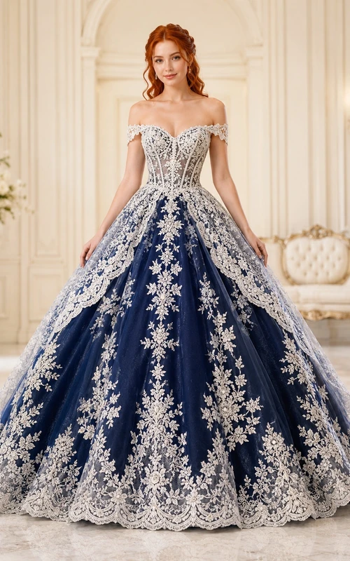Marineblaues, botanisches Ballkleid mit schulterfreiem Schnitt, kurzen Ärmeln und Spitze – romantisches Hochzeitskleid
