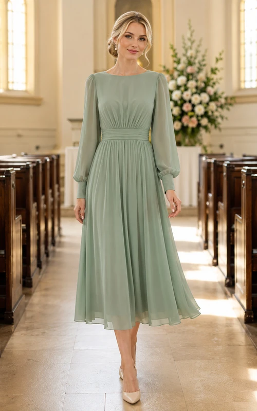 Robe midi plissée à manches longues en mousseline de sauge, idéale pour une invitée à un mariage.