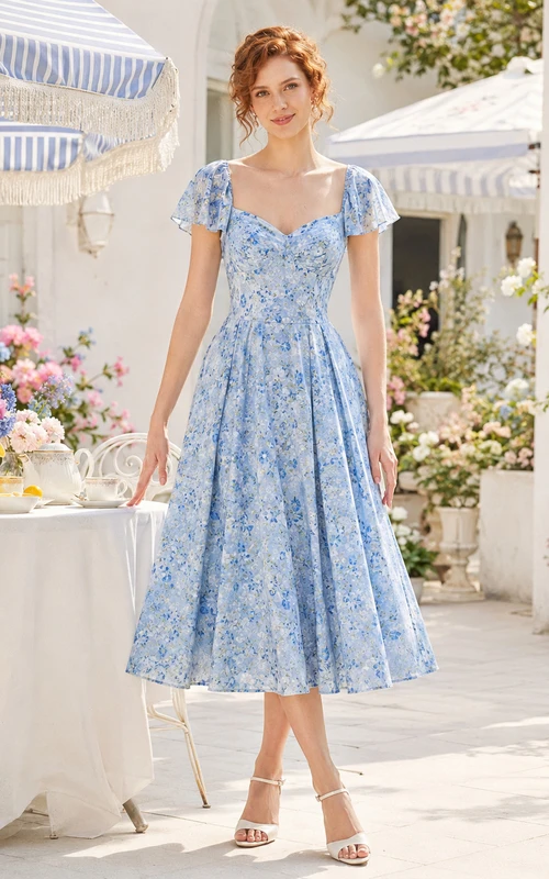 Blue Floral Puff Sleeve Sweetheart Brunch Midi Dress