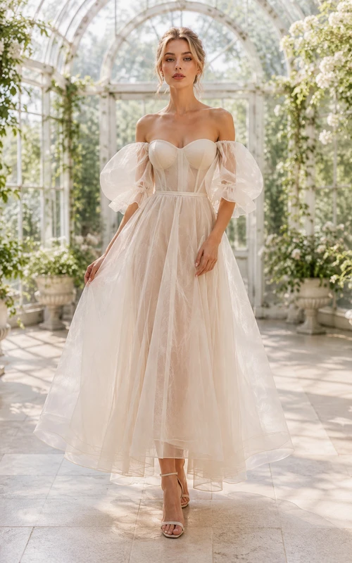 Robe de bal ivoire en tulle, coupe trapèze, épaules dénudées, manches courtes, longueur thé