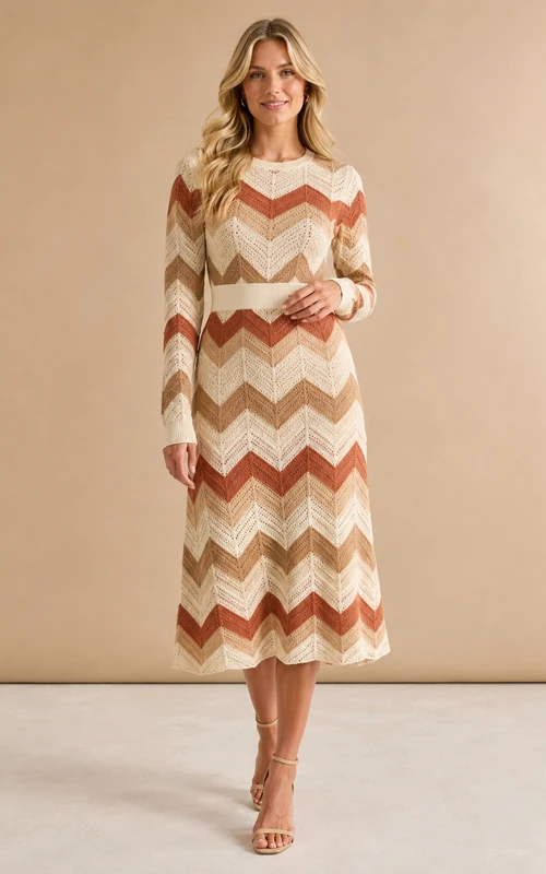 Rust Chevron Print V-Neck Long Sleeve Knit Midi Dress