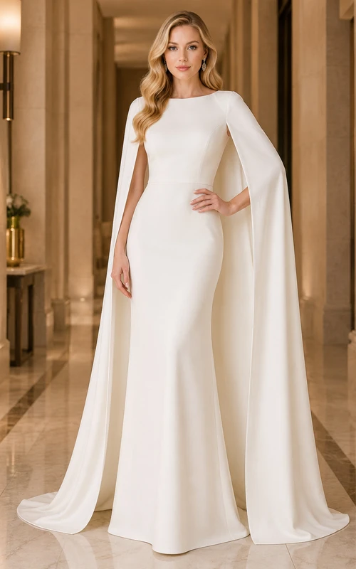 Simple White Cape Sleeve Sheath Wedding Dress with Bateau Neckline and Long Sweep Train