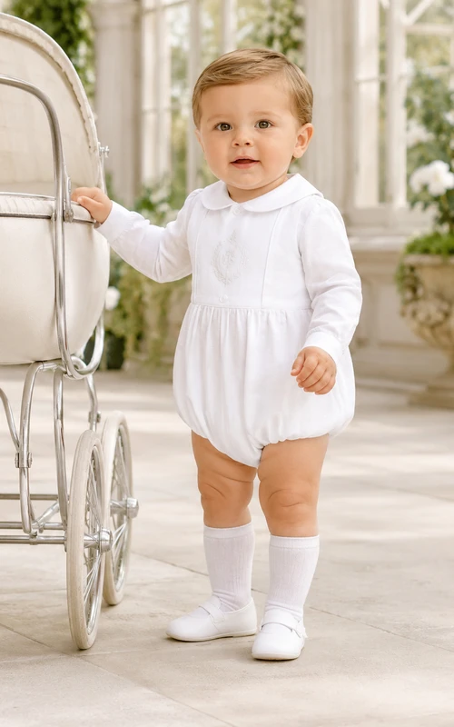White Long Sleeve Peter Collar Gathered Baptism Bubble Romper for Baby Boy