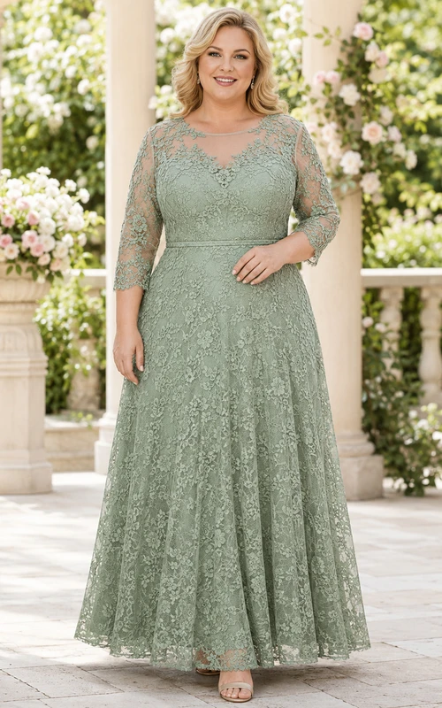Elegantes Abendkleid in Übergröße aus salbeigrüner Spitze mit Illusion-Ausschnitt, Dreiviertelärmeln und A-Linien-Schnitt, bodenlang