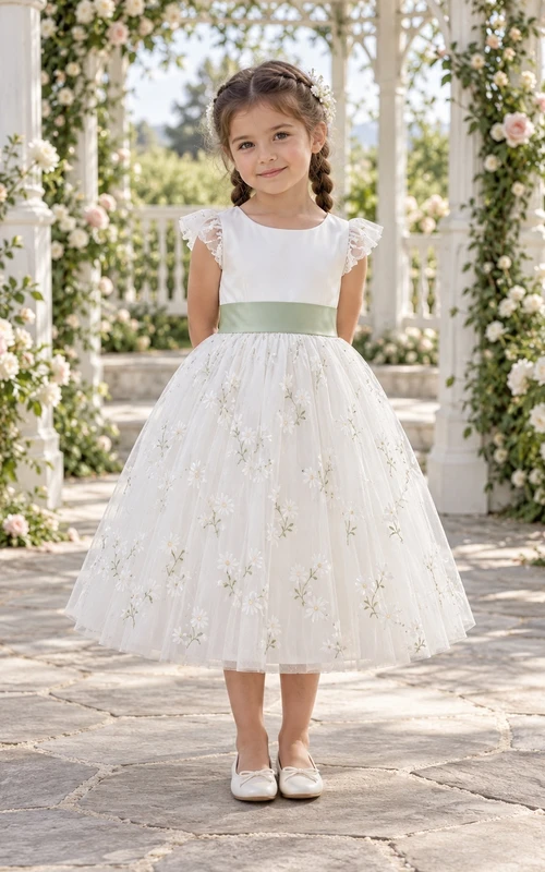Robe de demoiselle d'honneur blanche à fleurs, coupe trapèze, manches courtes, en tulle, longueur thé, ceinture sauge