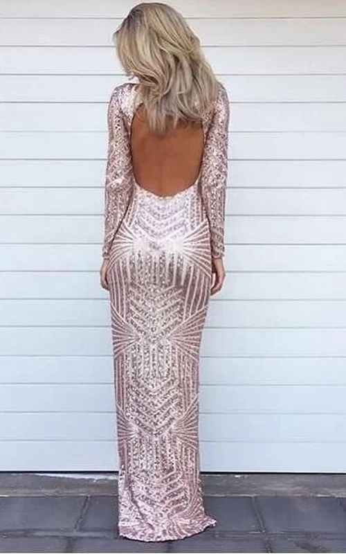 Impresionantes vestidos de fiesta de lentejuelas con mangas largas y espalda descubierta, vestidos de noche asimétricos.