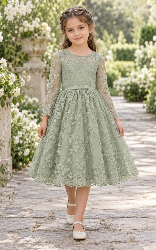 Vestido de niña de flores de manga larga, corte A, con estampado floral verde salvia y encaje festoneado, hasta la rodilla.