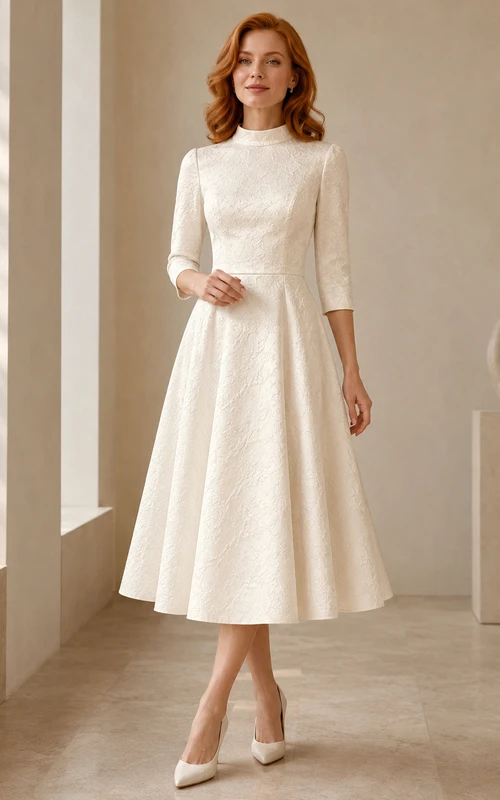 Vestido de té color marfil con cuello alto y mangas tres cuartos de encaje.
