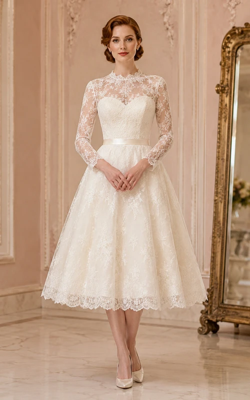 Vestido de novia formal vintage de largo midi, estilo barco, con mangas largas de encaje y estilo modesto.