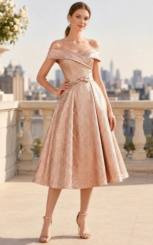 Champagne Satin Off-Shoulder Short-Sleeve A-Line Midi Formal Dress