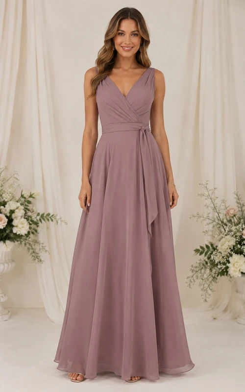 Mauve Chiffon V-neck A-Line Bridesmaid Dress
