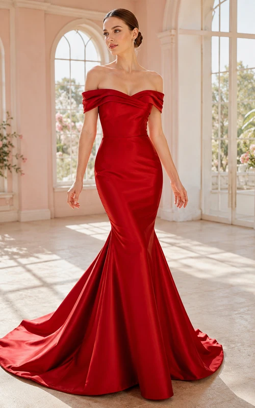 Red Off-Shoulder Satin Mermaid Pleated Elegant Romantic Wedding Dress