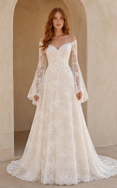 Vestido de novia de encaje estilo bohemio con mangas largas acampanadas, hombros descubiertos y corte en A, ideal para bodas en capilla.