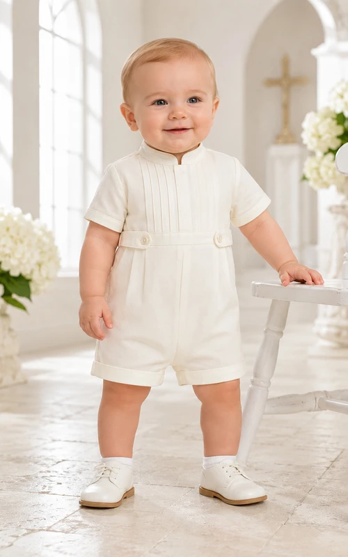 Ivory Mandarin Collar Pintuck Short Sleeve Christening Romper for Baby Boy