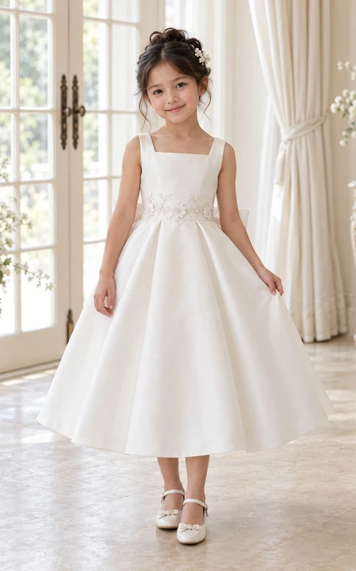 Vestido de niña de flores blanco de satén, largo hasta la rodilla, con escote cuadrado, corte en A, sin mangas, plisado y doble lazo.