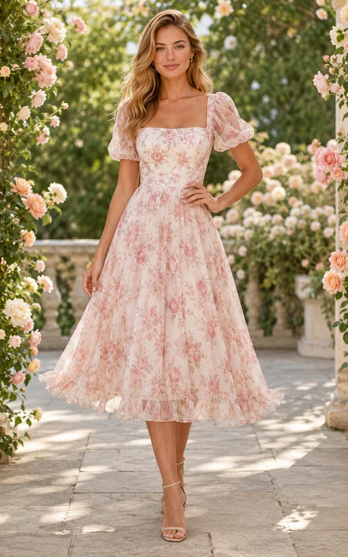 Robe de fiançailles rose à fleurs, col carré, manches bouffantes, longueur thé