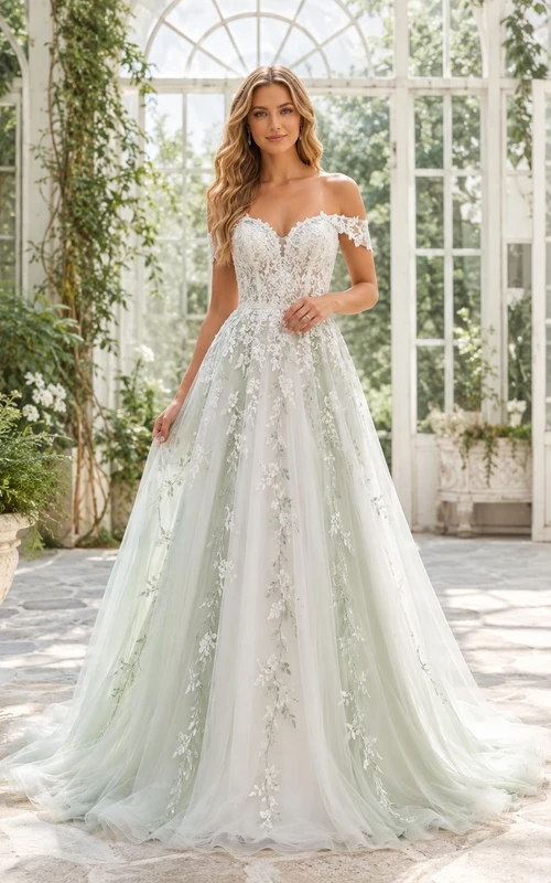 Celadonfarbenes, florales Brautkleid in A-Linie mit schulterfreiem Schnitt, kurzen Ärmeln und Kapellenschleppe im Boho-Stil – romantisches Design