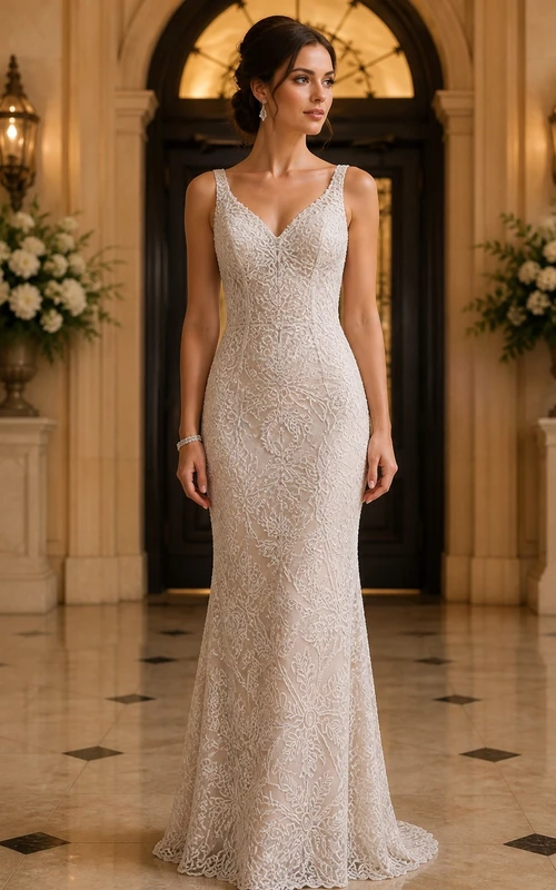 Vestido de novia sencillo de corte recto con escote en V, tirantes y encaje, largo hasta el suelo.