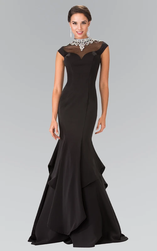 Mermaid Long High Neck Cap-Sleeve Satin Illusion Dress With Beading And Draping
