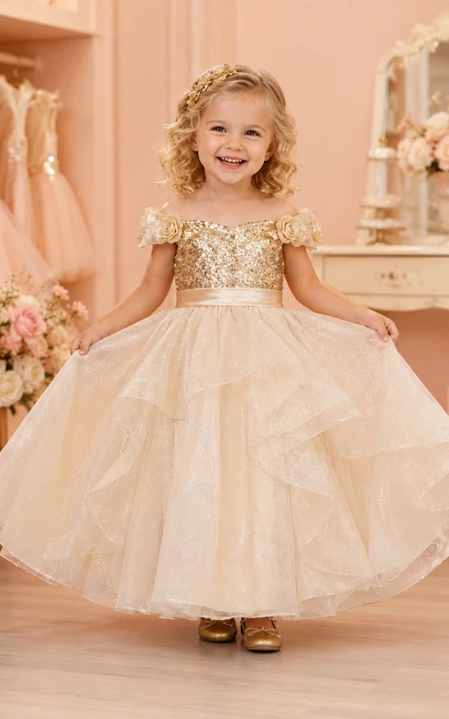 Champagne Flowergirl Satin Tulle Pleated Ball Gown Short-Sleeve Dress