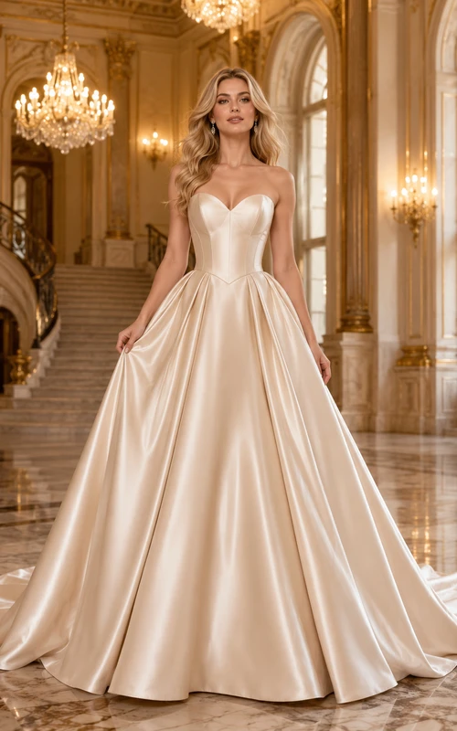 Champagne Strapless Sweetheart Satin Ball Gown Bridal Dress